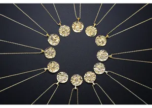 Detalle de 12 collares con colgante del zodiaco chapados en oro con circón sobre fondo negro