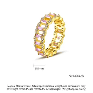 Anillo de eternidad de latón dorado con circonitas cúbicas rosa baguette y redondas