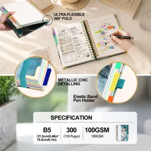 Detailansicht der B5-Notizbuchfunktionen mit 360-Grad-Faltung 150 Seiten und Metallic-Details