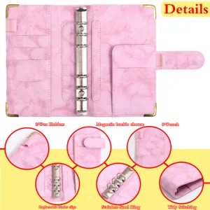 Innenansicht eines rosa Marmor A6 PU Leder Budgetplaners mit Ringordner und Fächern