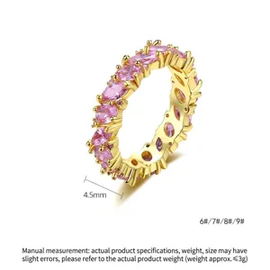 Elegante anillo chapado en oro con circonitas rosas talla marquesa, estilo hip-hop mujer