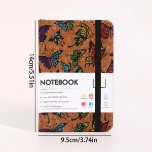 Cuaderno de corcho con banda elástica y estampado de mariposas, 200 páginas, 14x9.5 cm.