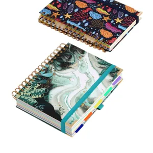 A5 Spiralnotizbuch-Set mit bunten Registerkarten und Gummiband im Ozean-Marmor-Design