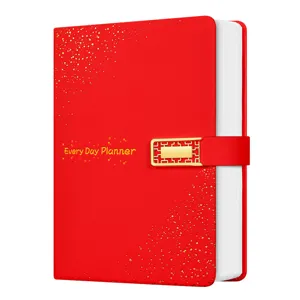 Elegante quaderno A5 in pelle PU rossa con motivo a stelle dorate e fibbia in metallo