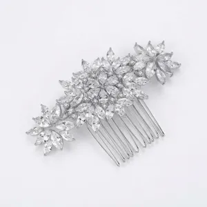 Elegant silver floral bridal hair comb with shimmering marquise-cut cubic zirconia