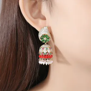Elegant Bohemian Indian bell earrings with sparkling zircon crystal and pearl tassels