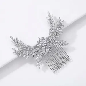 Elegant silver bridal hair comb with marquise cut cubic zirconia floral leaf design