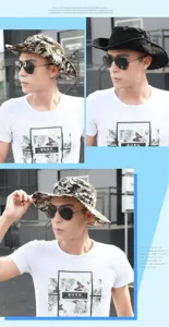 Multiple views of men's camouflage and black wide-brim sun hats for outdoor fishing.