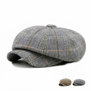 Men Retro Herringbone Newsboy Cap British Style Plaid Octagonal Hat Vintage Cotton Baker Boy Beret Cabbie Flat Cap For Men