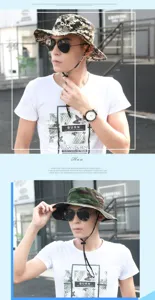 Man wearing two different styles of outdoor camouflage boonie hats for summer sun protection
