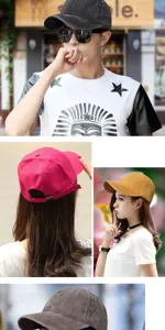 Vista detallada de varias gorras de béisbol de algodón lavado para hombres y mujeres