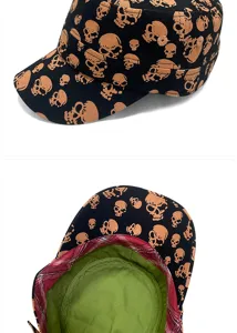 Detailed view of skull print flat top cap showing the interior green lining and plaid trim