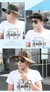 Professional detail view of a men's camouflage sun hat for outdoor fishing and UV protection.