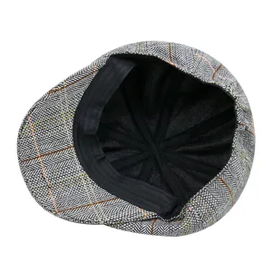Vintage British style herringbone newsboy cap for men with subtle plaid pattern detail