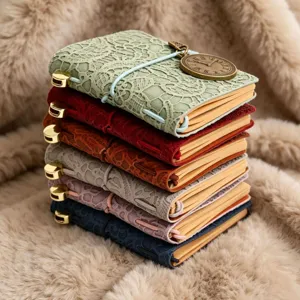 Vue détaillée de carnets de voyage vintage miniatures empilés avec couvertures gaufrées de dentelle.