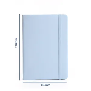 Minimalist light blue A5 notebook with elastic strap closure 210mm x 145mm size guide