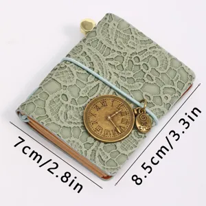 Carnet de poche vintage en cuir PU avec motif dentelle gaufré et sangle pendentif horloge journal quotidien en papier kraft bloc-notes papeterie
