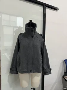 Giacca cappotto donna grigio scuro in lana collo alto casual autunno inverno capospalla chic