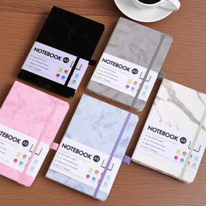 Collection of A5 marble textured notebooks with elastic straps in multiple colors