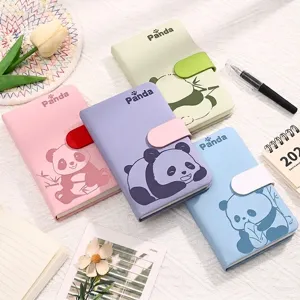 Cute Cartoon Panda Magnetic Buckle Notebook A6 Portable Pocket Journal Faux Leather Cover Blank Lined Paper School Student Stationery