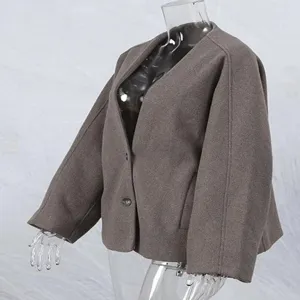 Chaqueta corta de lana marrón con cuello en V para mujer, prenda exterior elegante