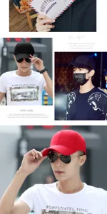 Vista dettagliata di un modello maschile che indossa cappelli da baseball rossi e neri a tinta unita
