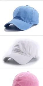 Gorras de béisbol de algodón lavado en opciones de color azul claro, blanco y rosa.