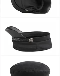 Detailed multi-angle views of a black chic flat top fisherman cap for women and men