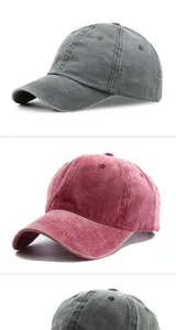 Vista detallada de las gorras de béisbol de algodón lavado en gris y rojo vintage.