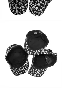 Detailed inside and outside view of stylish black flat top cap with white skull pattern print