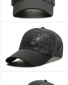 Primo piano del cappello da baseball traspirante nero con stampa drago
