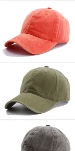 Gorras de béisbol de algodón lavado desgastado en colores coral, verde oliva y gris.