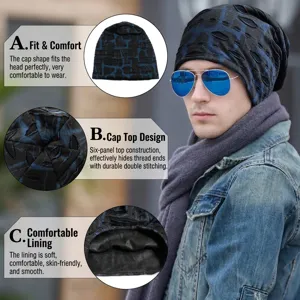 Gorro slouchy unisex desgastado con rayas azules y diseño hexagonal