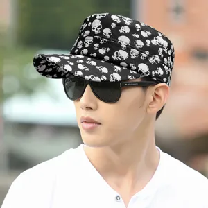Stylish men's black flat top cap with white skull print for outdoor leisure