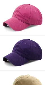 Vista detallada de gorras de béisbol de algodón lavado en colores magenta y violeta