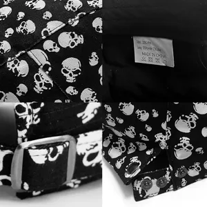Detailed views of black cotton hat with white skull print and metal buckle