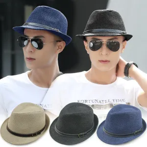 Summer Unisex Fedora Straw Hat British Style Jazz Sun Hat With Belt Buckle Decoration For Men Women Beach Outdoor Sun Protection