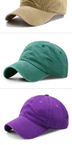 Vista de cerca de gorras de béisbol de algodón lavado vintage en caqui, verde y violeta