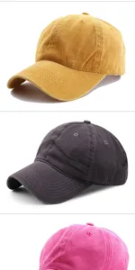 Presentación vertical de tres colores de gorras de béisbol de algodón lavado vintage.