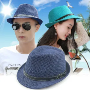 Summer straw fedora hat with belt buckle band for men and women beach sun protection