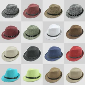 Collection of 16 unisex straw fedora hats featuring decorative belt buckle for sun protection
