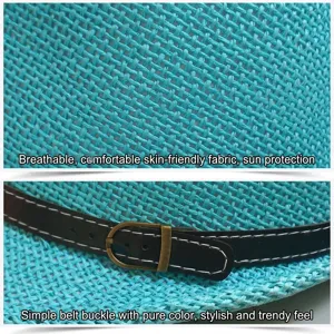 Summer straw jazz hat with belt buckle detail and breathable woven texture in turquoise.