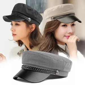 Retro Flat Top Military Cap For Women Men Fashion PU Leather Brim Short Brim Cadet Hat Chic Woolen Polyester Baker Boy Hat