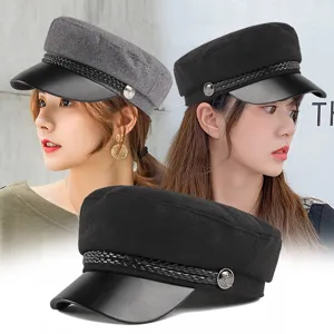 Stylish Korean newsboy cap with leather brim and braided rope decoration for autumn and winter