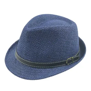 Classic blue straw fedora hat with stylish black belt buckle band for summer sun protection
