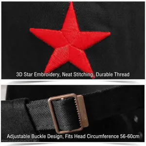 Close-up of black flat top hat with red star embroidery and adjustable metal buckle