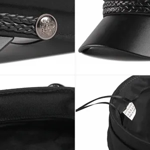 Classic black newsboy cap featuring a faux leather brim and braided rope detail with crest button