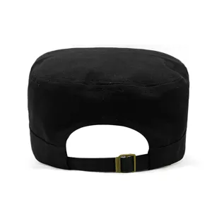 Adjustable black flat top military style patrol cap back view with metal buckle