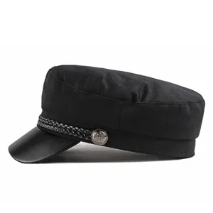 Classic black flat-top baker boy cap with decorative braided rope and metal button