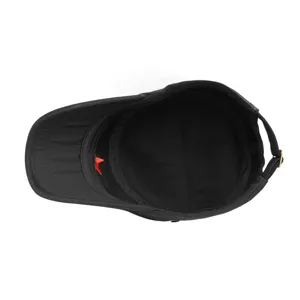 Inside view of black flat top cadet cap featuring breathable fabric and red star embroidery
